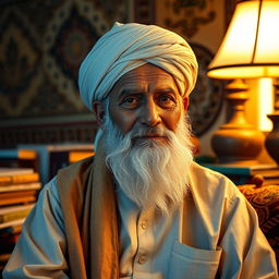 An elderly Muslim man with a traditional pagdi (turban) and a long white beard, dressed in a simple yet elegant kurta and shawl