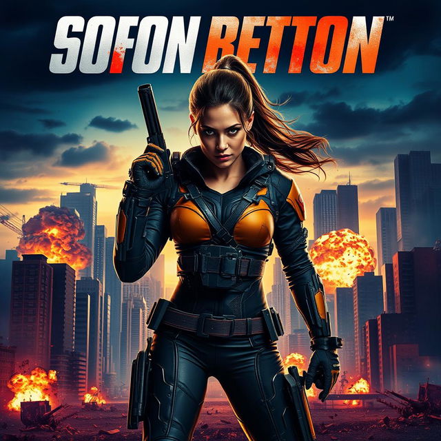 A dynamic and visually striking movie poster featuring a fierce female action hero as the central character