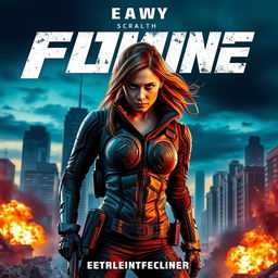 A dynamic and visually striking movie poster featuring a fierce female action hero as the central character