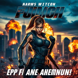 A dynamic and visually striking movie poster featuring a fierce female action hero as the central character