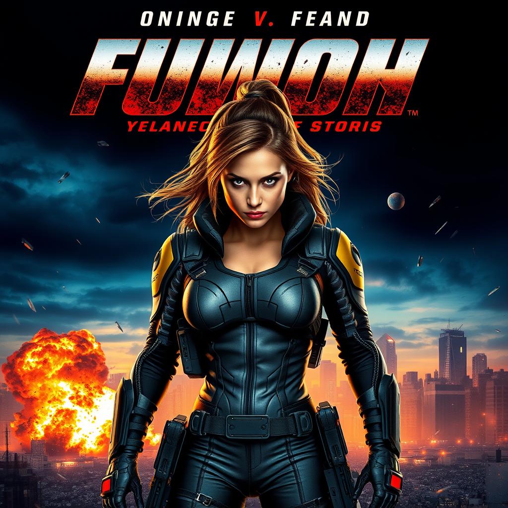 A dynamic and visually striking movie poster featuring a fierce female action hero as the central character