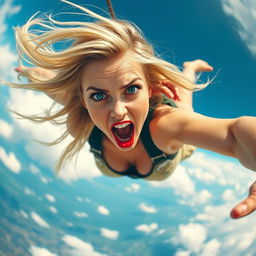 A sexy blonde woman with striking blue eyes and vibrant red lips is dramatically falling from the sky, her long hair flowing in the wind