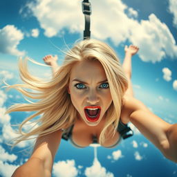 A sexy blonde woman with striking blue eyes and vibrant red lips is dramatically falling from the sky, her long hair flowing in the wind