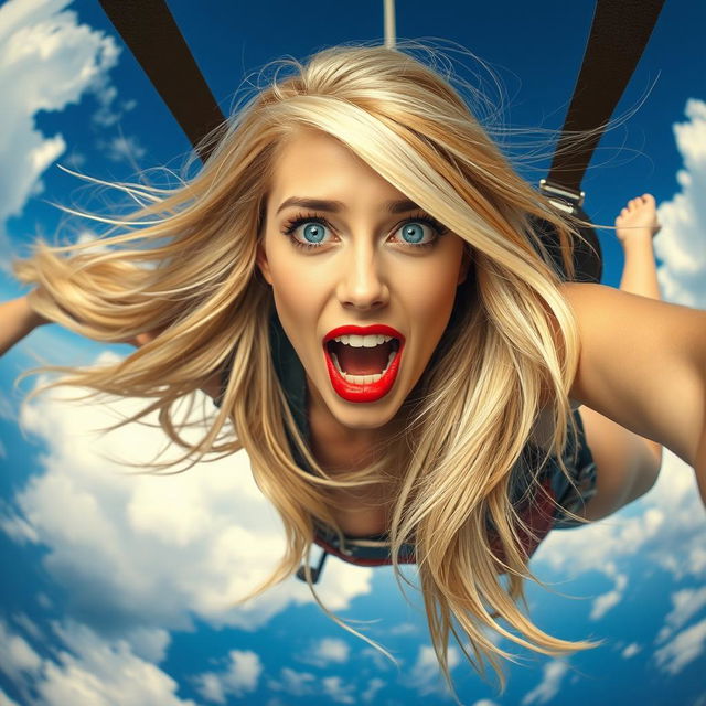 A sexy blonde woman with striking blue eyes and vibrant red lips is dramatically falling from the sky, her long hair flowing in the wind