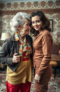 A captivating retro style face-off between an old mother and her daughter, showcasing a strong visual contrast in their expressions