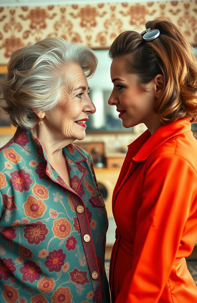 A captivating retro style face-off between an old mother and her daughter, showcasing a strong visual contrast in their expressions