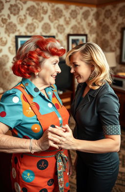 A captivating retro style face-off between an old mother and her daughter, showcasing a strong visual contrast in their expressions