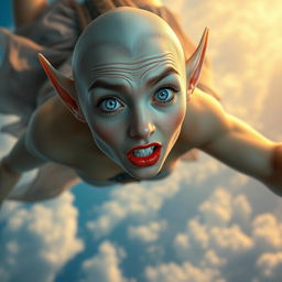 A sexy bald elf woman with striking blue eyes and luscious red lips, captured in mid-fall from the sky