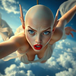 A sexy bald elf woman with striking blue eyes and luscious red lips, captured in mid-fall from the sky