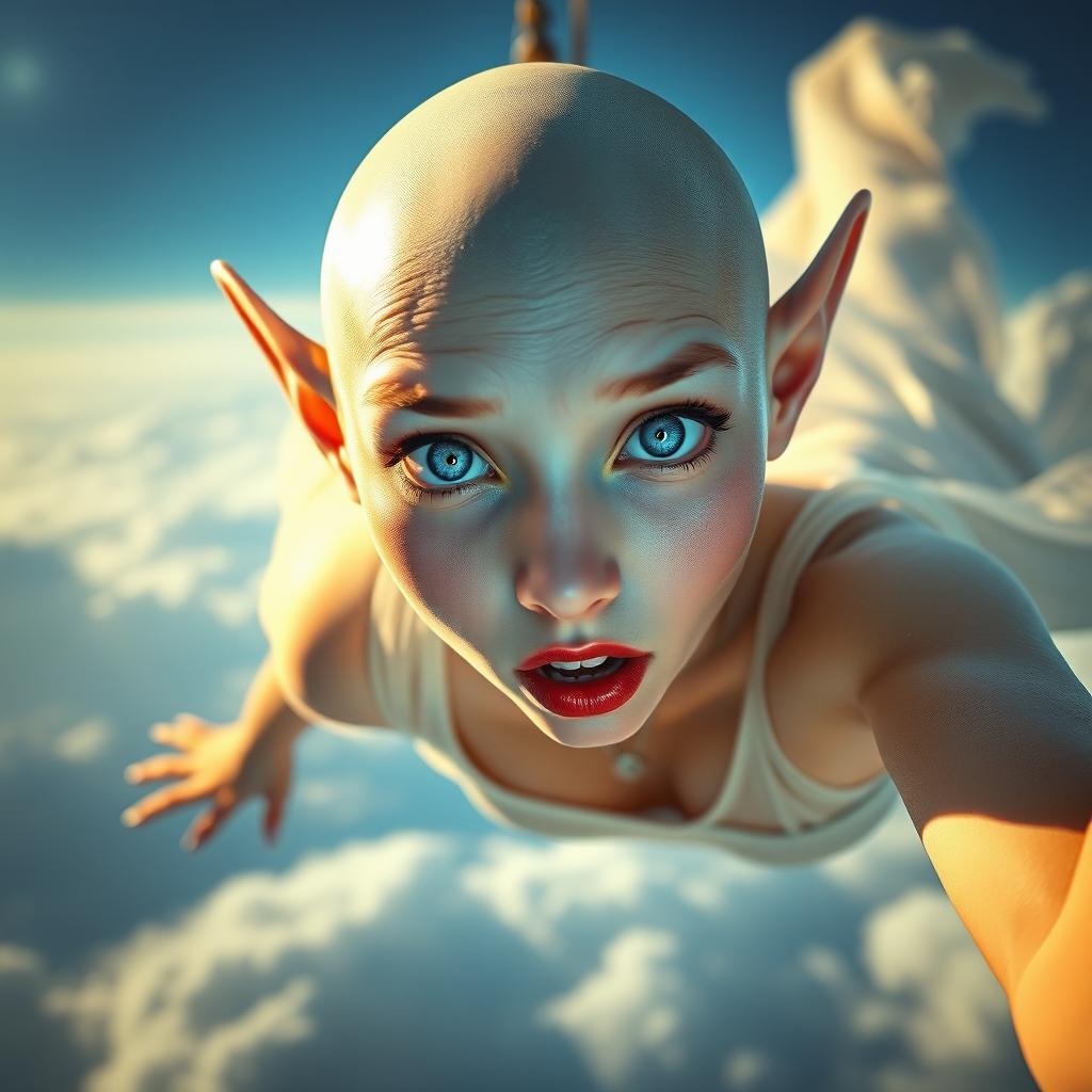 A sexy bald elf woman with striking blue eyes and luscious red lips, captured in mid-fall from the sky