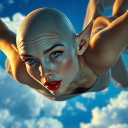 A sexy bald elf woman with striking blue eyes and luscious red lips, captured in mid-fall from the sky