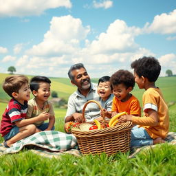 Four brothers and their father enjoying a scenic countryside picnic