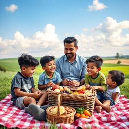 Four brothers and their father enjoying a scenic countryside picnic