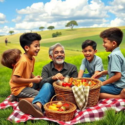 Four brothers and their father enjoying a scenic countryside picnic
