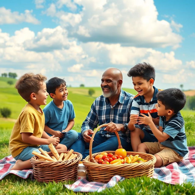 Four brothers and their father enjoying a scenic countryside picnic