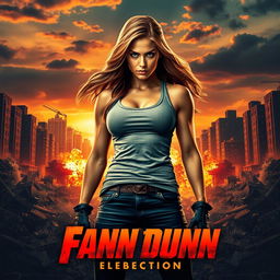 A fierce female action character in a tank top standing confidently on a movie poster