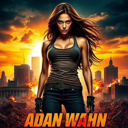 A fierce female action character in a tank top standing confidently on a movie poster