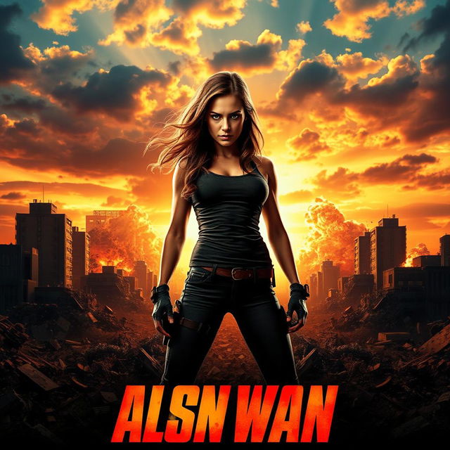 A fierce female action character in a tank top standing confidently on a movie poster