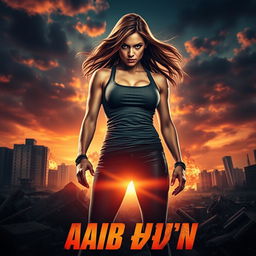A fierce female action character in a tank top standing confidently on a movie poster