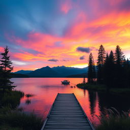 A stunning view of a serene lake at sunset, the sky painted in vibrant shades of orange, pink, and purple