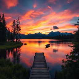 A stunning view of a serene lake at sunset, the sky painted in vibrant shades of orange, pink, and purple