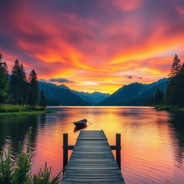 A stunning view of a serene lake at sunset, the sky painted in vibrant shades of orange, pink, and purple