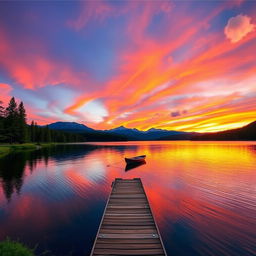 A stunning view of a serene lake at sunset, the sky painted in vibrant shades of orange, pink, and purple