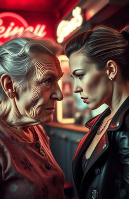 A captivating retro style scene depicting an intense face-off between an old mother and her daughter