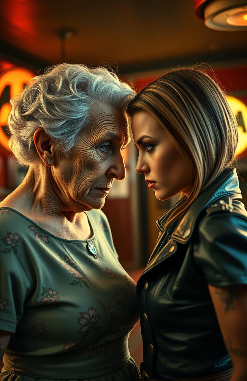 A captivating retro style scene depicting an intense face-off between an old mother and her daughter