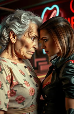 A captivating retro style scene depicting an intense face-off between an old mother and her daughter
