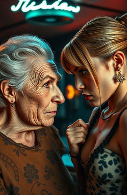 A captivating retro style scene depicting an intense face-off between an old mother and her daughter