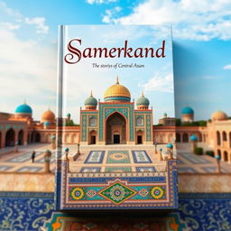 An enchanting book cover inspired by the historical city of Samarkand, featuring its iconic architecture and vibrant colors