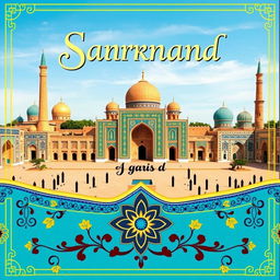An enchanting book cover inspired by the historical city of Samarkand, featuring its iconic architecture and vibrant colors