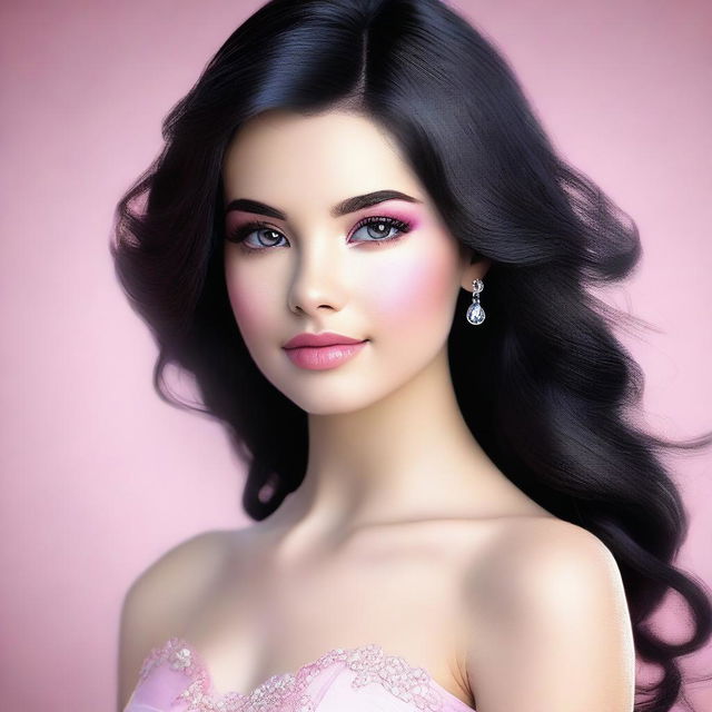 A vibrant, high-quality digital art image displaying a teenage girl with black hair, adorned with a natural light pink makeup look for prom