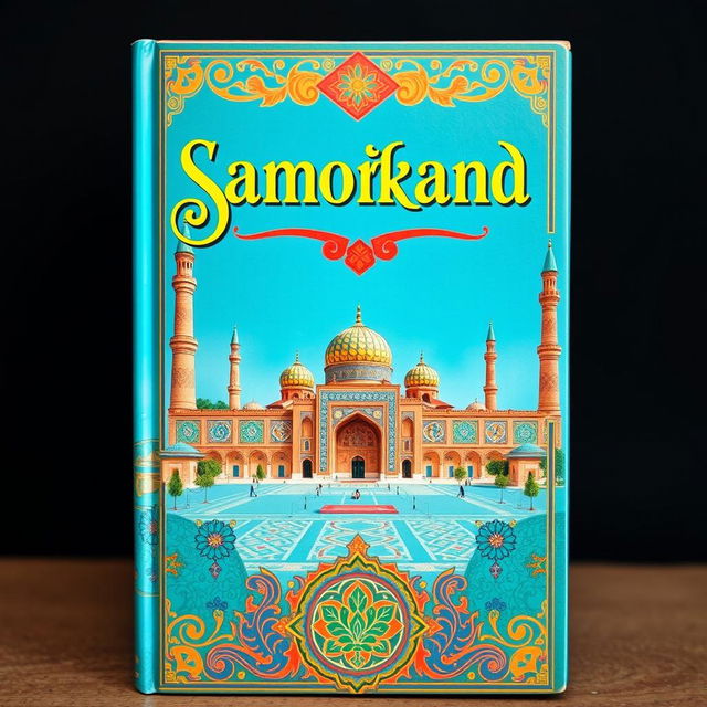 An enchanting book cover inspired by the historical city of Samarkand, featuring its iconic architecture and vibrant colors