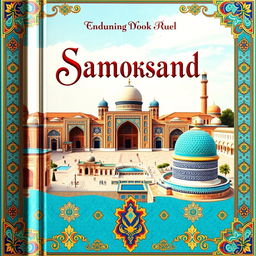 An enchanting book cover inspired by the historical city of Samarkand, featuring its iconic architecture and vibrant colors