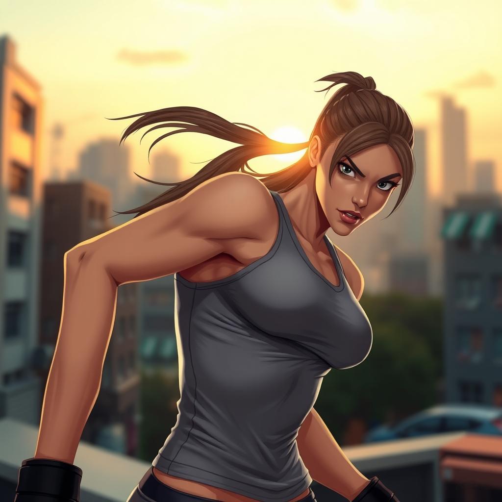 A female action character wearing a fitted tank top, showcasing her athletic physique