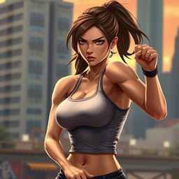 A female action character wearing a fitted tank top, showcasing her athletic physique
