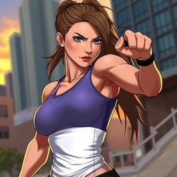 A female action character wearing a fitted tank top, showcasing her athletic physique