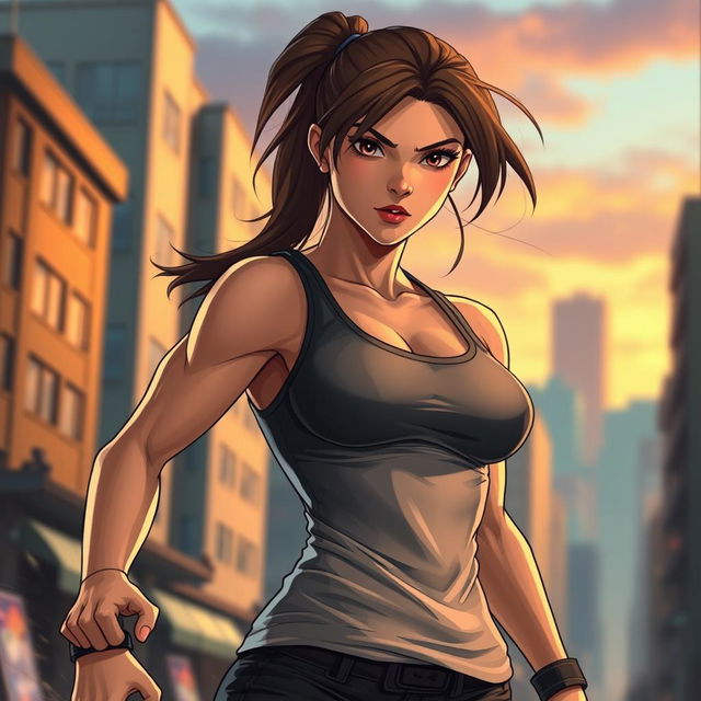 A female action character wearing a fitted tank top, showcasing her athletic physique