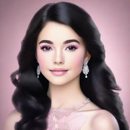 A vibrant, high-quality digital art image displaying a teenage girl with black hair, adorned with a natural light pink makeup look for prom