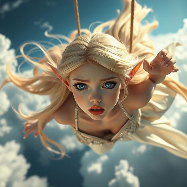 A stunning blonde elf princess with long flowing hair, bright blue eyes, and striking red lips is falling gracefully from the sky