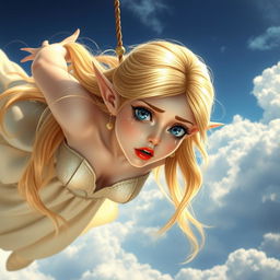 A stunning blonde elf princess with long flowing hair, bright blue eyes, and striking red lips is falling gracefully from the sky