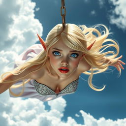 A stunning blonde elf princess with long flowing hair, bright blue eyes, and striking red lips is falling gracefully from the sky