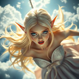 A stunning blonde elf princess with long flowing hair, bright blue eyes, and striking red lips is falling gracefully from the sky