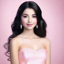 A vibrant, high-quality digital art image displaying a teenage girl with black hair, adorned with a natural light pink makeup look for prom