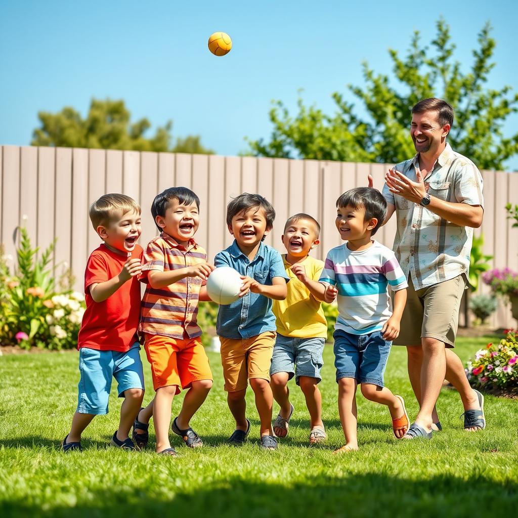 A heartwarming family scene depicting four brothers and their father, all joyfully playing together in a sunny backyard