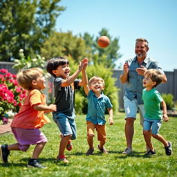 A heartwarming family scene depicting four brothers and their father, all joyfully playing together in a sunny backyard