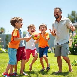 A heartwarming family scene depicting four brothers and their father, all joyfully playing together in a sunny backyard