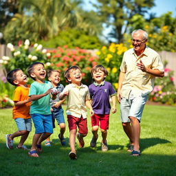 A heartwarming family scene depicting four brothers and their father, all joyfully playing together in a sunny backyard